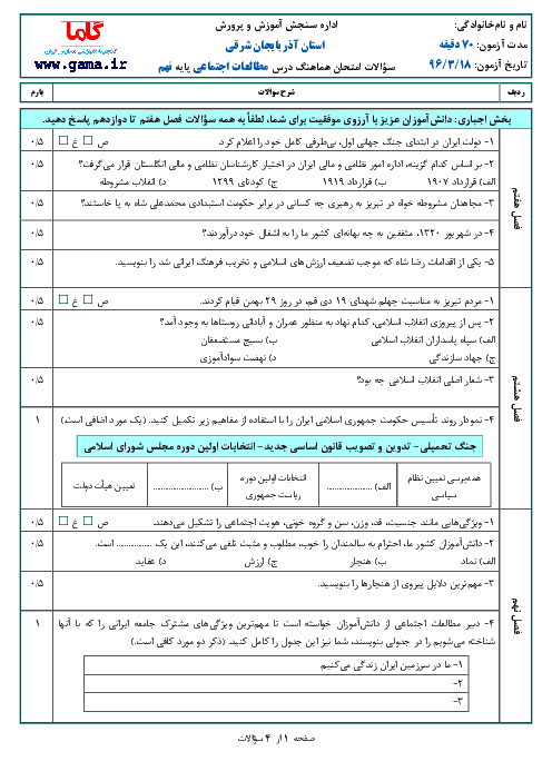 سؤالات و پاسخنامه امتحان هماهنگ استانی نوبت دوم خرداد ماه 96 درس مطالعات اجتماعی پایه نهم | استان آذربایجان شرقی