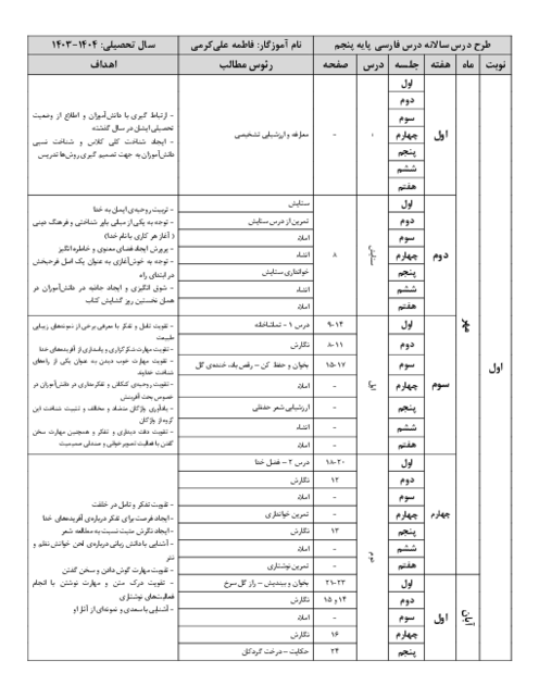 طرح درس سالانه فارسی پایه پنجم