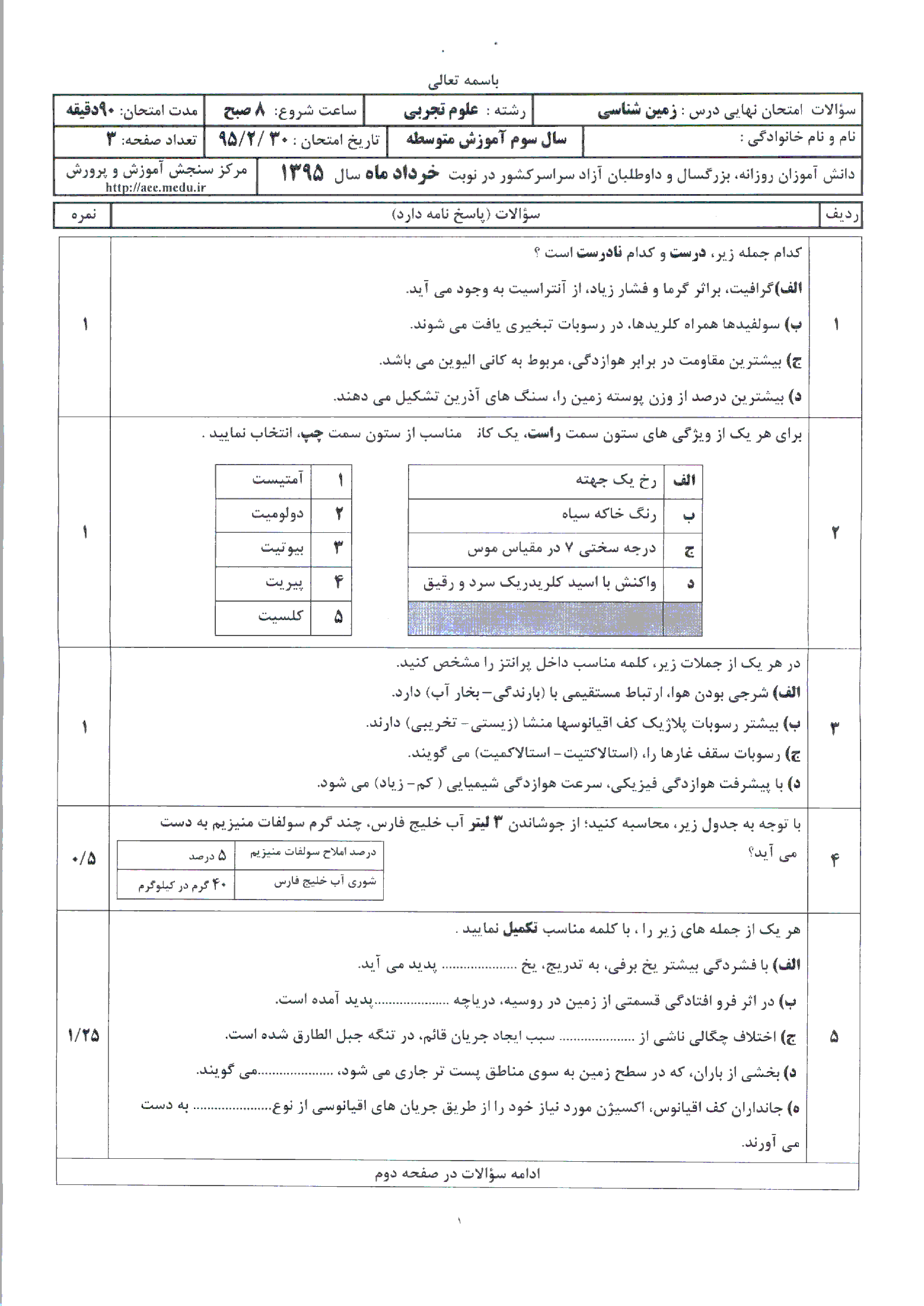 سوالات و پاسخ تشریحی امتحان نهایی درس زمین شناسی رشته علوم تجربی| خرداد ماه 1395