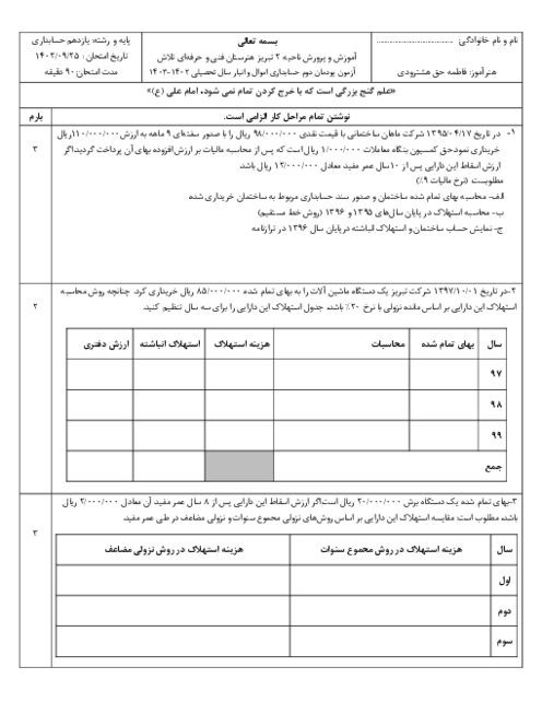 آزمون پودمان دوم حسابداری اموال و انبار هنرستان تلاش
