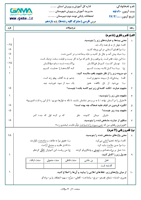 نمونه سوال پیشنهادی امتحان نوبت دوم فارسی (2) پایه یازدهم مشترک کلیه رشته‌‌ها + پاسخ تشریحی | ویژه خرداد 97