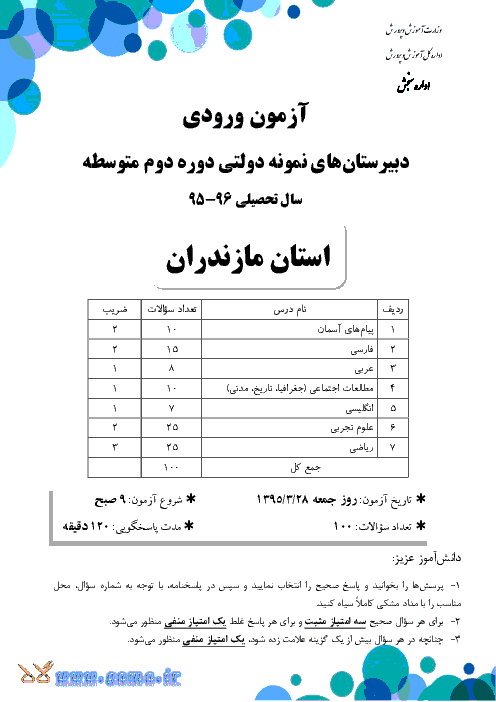 سوالات و پاسخ کلیدی آزمون ورودي پايه دهم دبيرستان هاي نمونه دولتي دوره دوم متوسطه سال تحصيلي 96-95 | استان مازندران