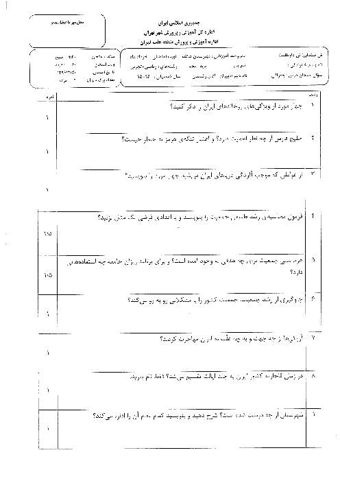 سوالات امتحان نوبت دوم جغرافیای ایران و استان شناسی تهران پایه دهم دبیرستان غیرانتفاعی هاتف | خرداد 1396