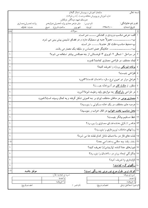 آزمون ترم تابستان مبانی طراحی معماری دوازدهم هنرستان فنی شهید دیدگانی | شهریور 1398