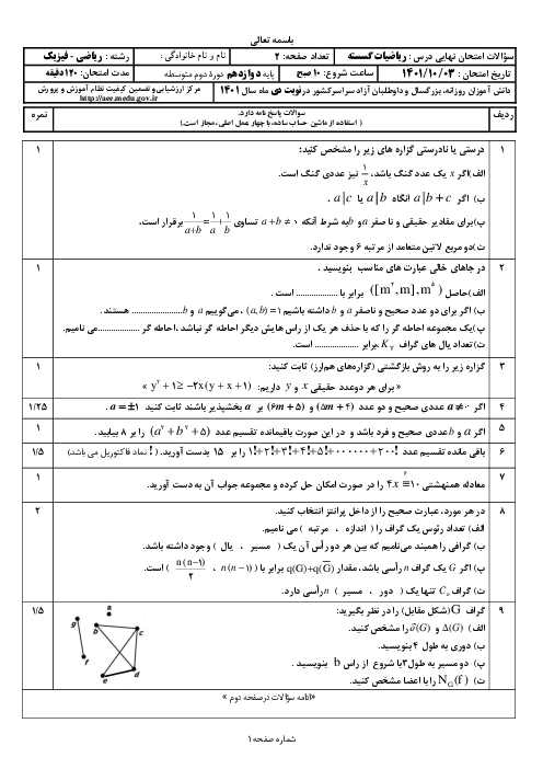سؤالات امتحان نهایی نوبت دی 1401 | درس ریاضی گسسته دوازدهم ریاضی