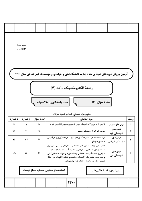 آزمون ورودی و کنکور کاردانی دانشگاههای فنی و حرفه ای و موسسات غیر انتفاعی رشته الکتروتکنیک | سال 1400