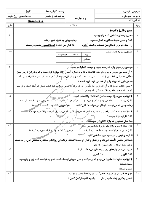 نمونه سوال پیشنهادی امتحان نیمسال دوم درس فارسی دوازدهم | دبیرخانه راهبردی فارسی کشور
