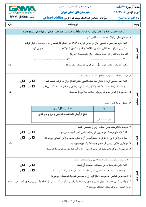سؤالات امتحان هماهنگ استانی نوبت دوم مطالعات اجتماعی پایه نهم شهرستانهای تهران | خرداد 1398