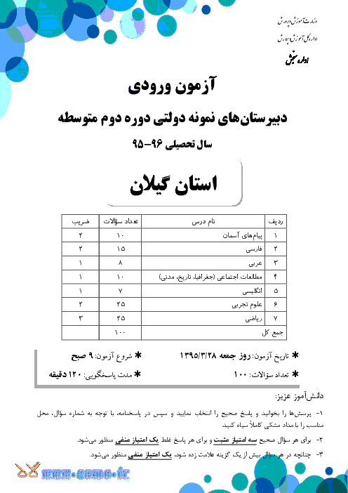 سوالات آزمون ورودي پايه دهم مدارس نمونه دولتي دوره دوم متوسطه سال تحصيلي 96-95 | استان گیلان