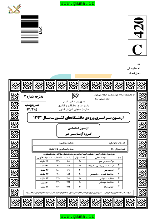 سوالات و پاسخنامه کلیدی آزمون سراسری رشته هنر - کنکور 1393