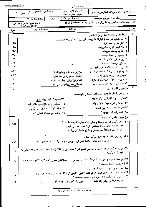 سوالات امتحان نهایی ادبیات فارسی تخصصی با پاسخنامه | خرداد 1392