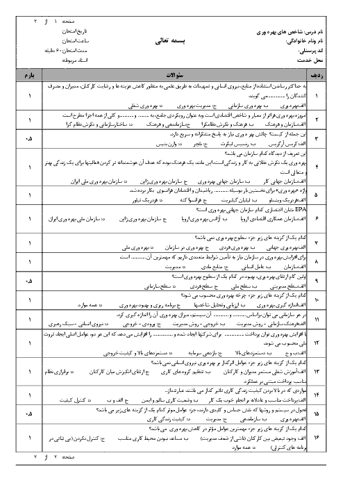 سئوالات آزمون شاخص های بهره وری شغلی در عصر حاضر | ضمن خدمت فرهنگیان استان خراسان رضوی + کلید