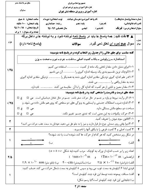 آزمون نوبت اول فیزیک پایه دهم هنرستان حرفه ای شهادت | دی 1395