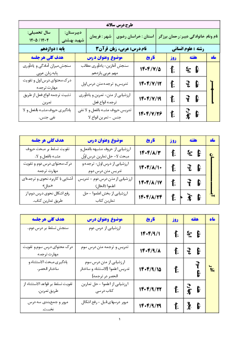 طرح درس سالانه عربی پایه دوازدهم انسانی سال تحصیلی 1405-1404