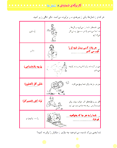 پاسخ کاربرگه‌ی شماره 8 مطالعات اجتماعی سوم دبستان | شغل‌ها