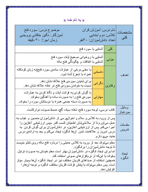 طرح درس روزانه درس هفتم قرآن دوم دبستان | سوره‌ی فتح