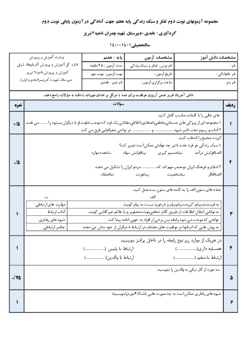 5 سری نمونه سوال نوبت دوم تفکر و سبک زندگی هفتم | اردیبهشت 1401