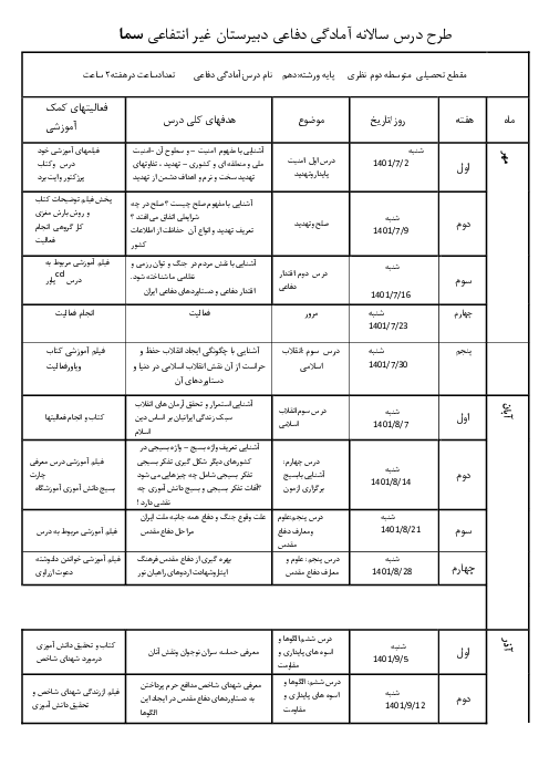 طرح درس سالانه کتاب آمادگی دفاعی دوره دوم متوسطه