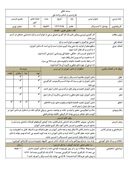 طرح درس روزانه بر اساس برنامه ملی درس کار و فناوری هفتم | پودمان 7: کسب و کار