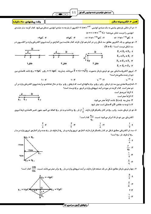 تست های طبقه بندی شده فیزیک3 رشته ریاضی با پاسخ تشریحی| فصل 2: الکتریسیته ساکن