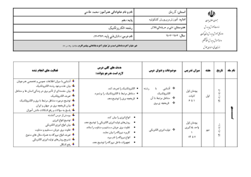 طرح درس سالانه دانش فنی پایه سال دهم رشته الکتروتکنیک