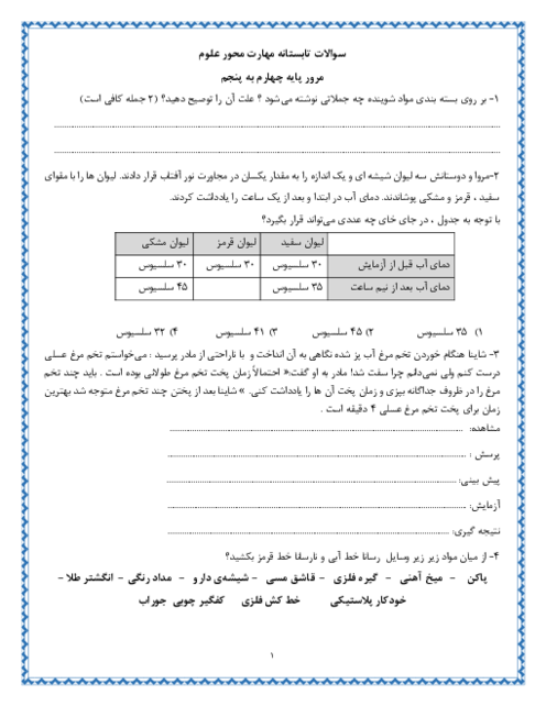 پیک تابستانه علوم چهارم ابتدایی