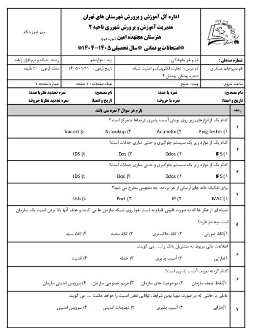 نمونه سوالات شبکه دوازدهم پودمان 4 درس تجارت الکترونیک 