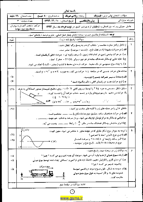 امتحان نهایی فیزیک پیش دانشگاهی رشته ریاضی و فیزیک با پاسخ | خرداد ماه 1394