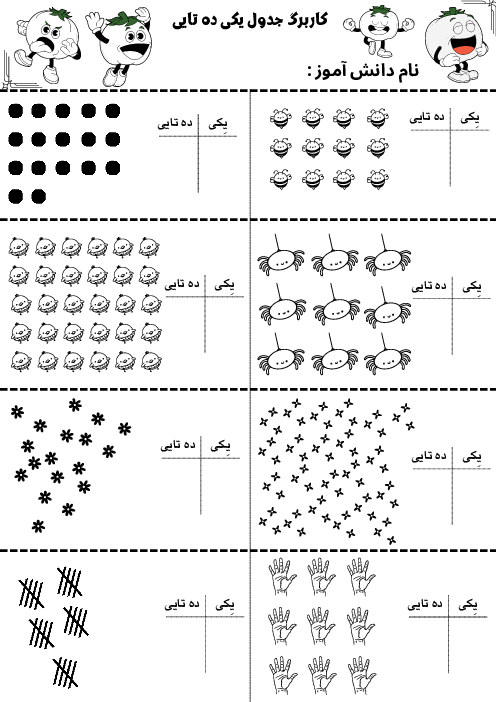 کاربرگ جدول ارزش مکانی یکی و ده تایی