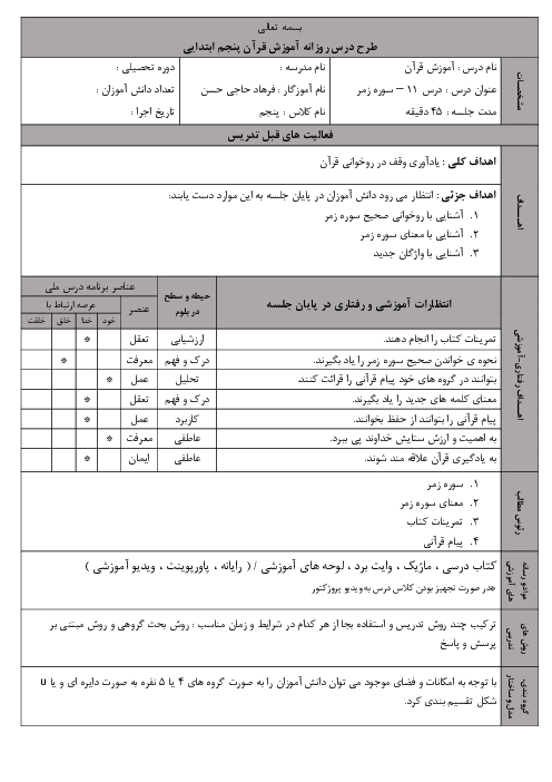 طرح درس قرآن پنجم | درس 11: سوره زمر