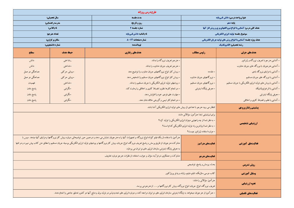 طرح درس روزانه دانش فنی پایه الکتروتکنیک دهم | پودمان 1: تولید انرژی الکتریکی