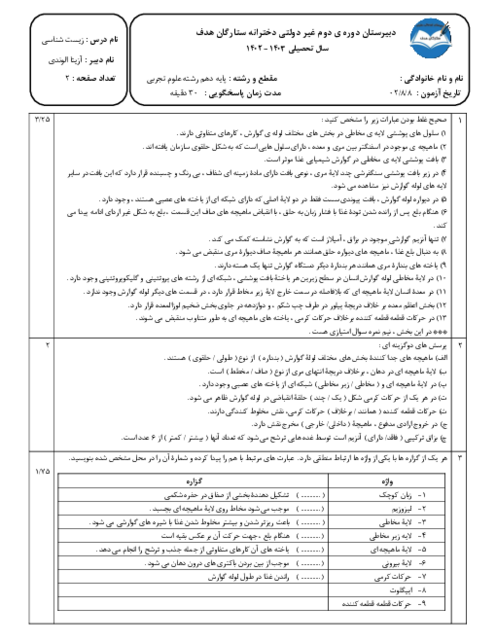 آزمونک زیست دهم دبیرستان ستارگان هدف | ساختار و عملکرد لوله گوارش