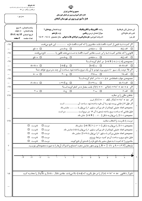 آزمون پودمان اول ریاضی یازدهم هنرستان؛ تابع
