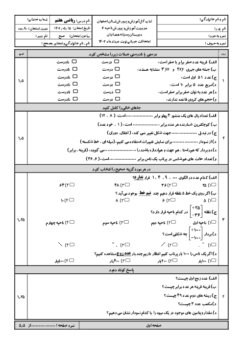 امتحان جبرانی نوبت دوم ریاضی هفتم دبیرستان همدانیان | مرداد 1402