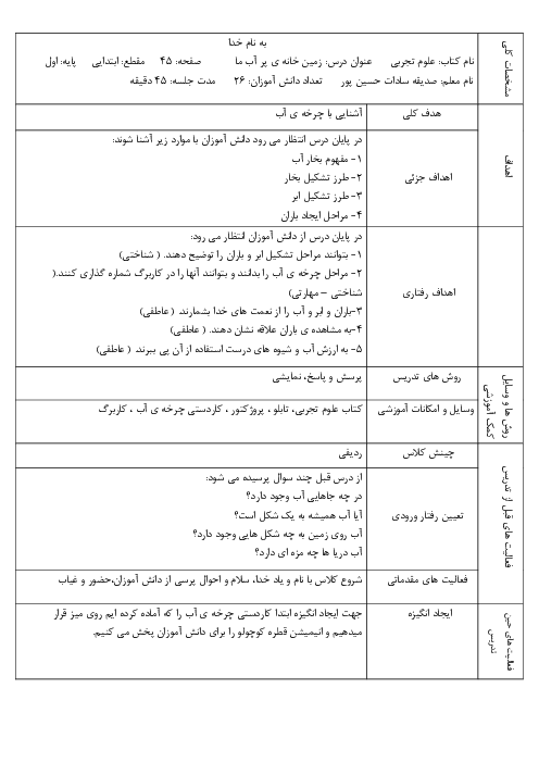 طرح درس علوم اول ابتدائی | درس 6: زمین خانه‌ی پر آب ما