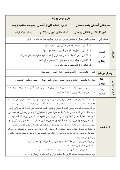 طرح درس روزانه هدیه‌های آسمانی پنجم دبستان | درس 1: دسته گلی از آسمان