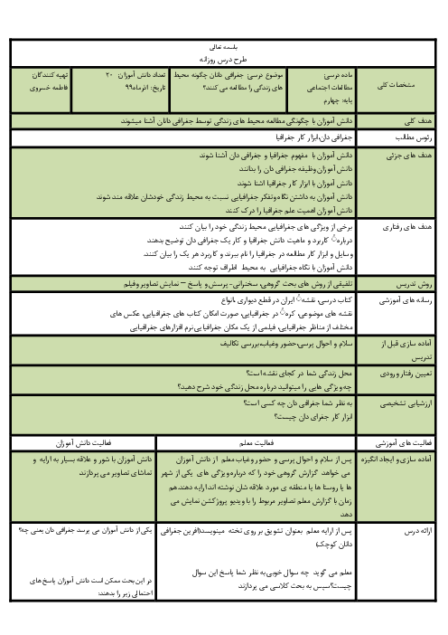 طرح درس روزانه مطالعات اجتماعی چهارم دبستان | درس 7: جغرافی‌دانان چگونه محیط‌های زندگی را مطالعه می‌کنند؟