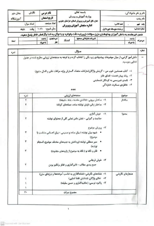 امتحان هماهنگ نوبت دوم نگارش پایه نهم استان خراسان جنوبی | خرداد 1403