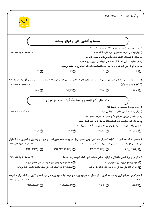 مجموعه سوالات تستی شیمی کنکور سراسری 10 سال اخیر | دوازدهم | فصل 3