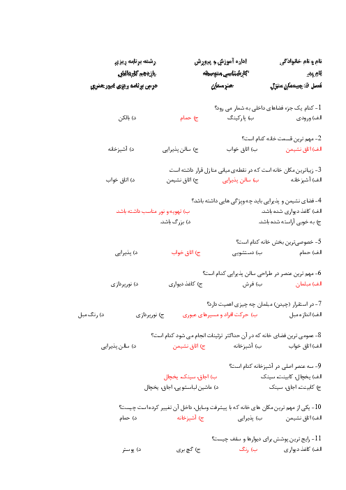 سوالات تستی فصل سوم درس برنامه ریز امور هنری در خانواده یازدهم  |  شایستگی 3: چیدمان منزل