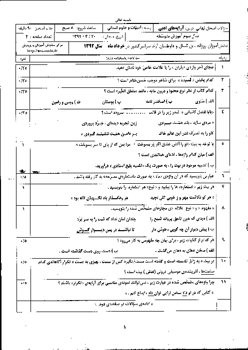 سوالات و پاسخ تشریحی امتحان نهایی آرایه های ادبی- خرداد 1392