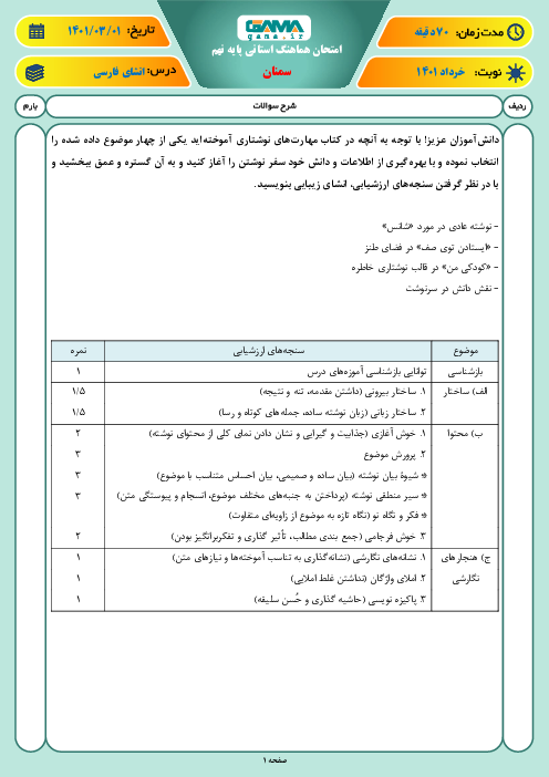 امتحان هماهنگ نوبت دوم انشای فارسی نهم استان سمنان | خرداد 1401