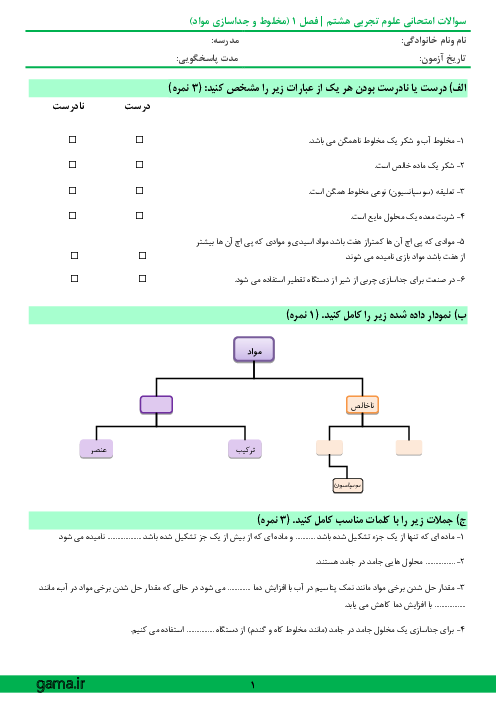 امتحان علوم تجربی هشتم دبیرستان منتظران ظهور قم | فصل 1: مخلوط و جداسازی مواد