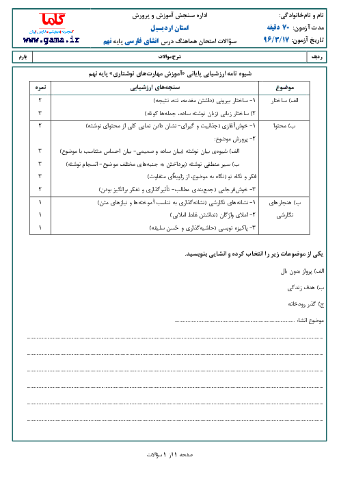 امتحان هماهنگ استانی نوبت دوم خرداد ماه 96 درس انشا فارسی پایه نهم | استان اردبیل
