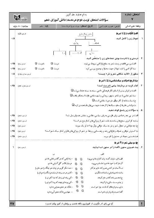 نمونه سوال امتحان نوبت دوم علوم و فنون ادبی (1) دهم رشته ادبیات و علوم انسانی