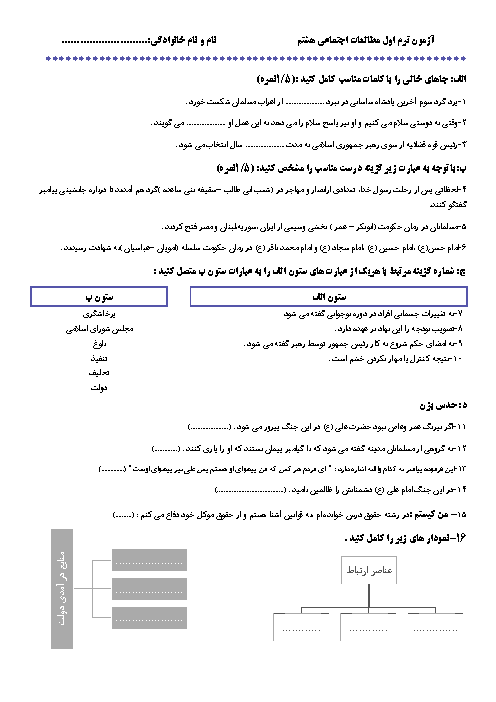 آزمون نوبت اول مطالعات اجتماعی هشتم مدرسه باقرالعلوم | درس 1 تا 11
