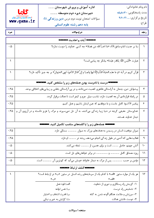 نمونه سوال امتحان نوبت دوم دین و زندگی (1) پایه دهم رشته انسانی با پاسخ | نمونه 1 + ویژه خرداد 96