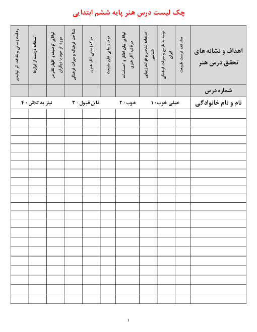 چک لیست هنر ششم دبستان