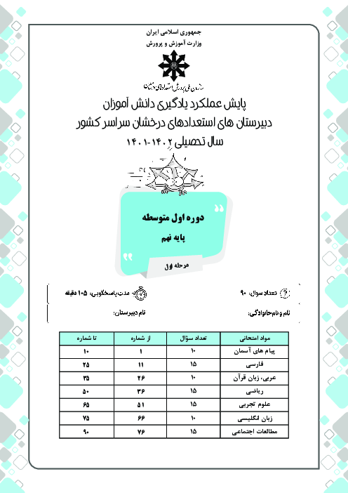 آزمون پایش عملکرد یادگیری دانش آموزان پایه نهم مدارس سمپاد | بهمن 1401