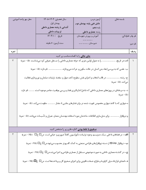 آزمون ترکیبی پودمانی دانش فنی پایه دهم معماری (پودمان 1 و 2)